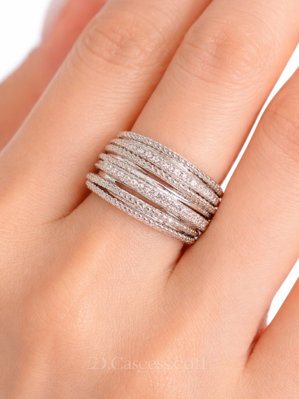 Silver Multi-Row Pavé Stackable Ring - Women Jewelry size 6 - Picture 6 of 9